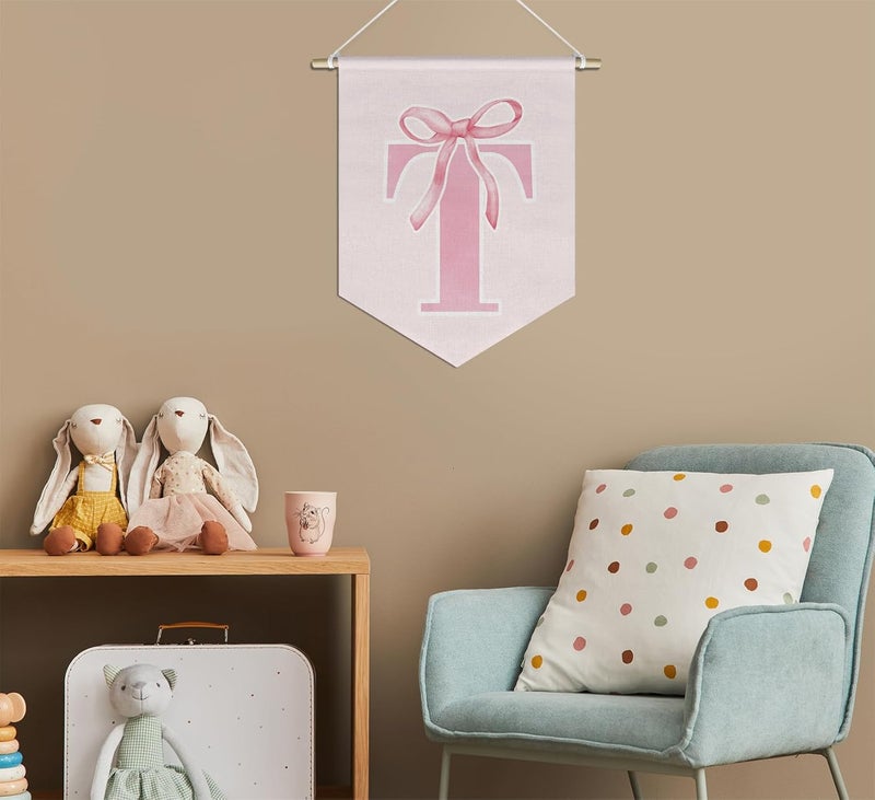 foedor initial Personalized Preppy Canvas Hanging Pennant Flag Banner, Coquette Pink Bow Teen Girl Gifts,Trendy Cute Monogrammed Gifts Wall Decor for Women Teen Girl Nursery bedroom(T) - Image 4